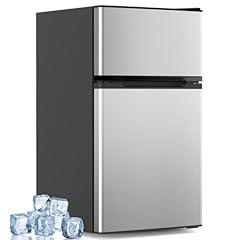 Electactic 3.2 Cu.Ft Mini Fridge with Freezer, Compact Refrigerator with 2 Doors, Small Fridge with Adjustable Thermostat & Removable Glass Shelves for Bedroom, Office, Dorm, or Apartment, Silver
