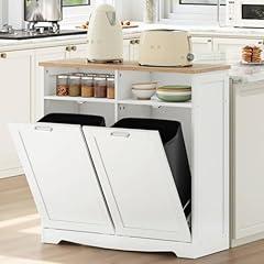 Double Tilt Out Trash Can Cabinet, White and Natural
