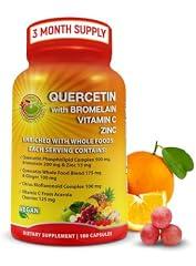 Quercetin with Bromelain, Vitamin C, Zinc, and Organic Whole Food Blend - 1215mg, Phytosome Quercetin 500mg with Ginger and Flavonoids for Immune Support - 180 count