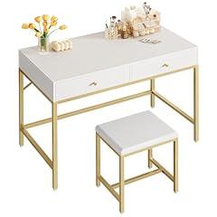 SUPERJARE White and Gold Desk with Drawers