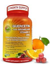 Quercetin with Bromelain, Vitamin C, Zinc, and Organic Whole Food Blend - 1215mg, Phytosome Quercetin 500mg with Ginger and Flavonoids for Immune Support - 180 count