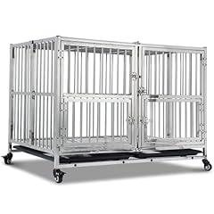 48-Inch Heavy Duty Dog Crate with Wheels, Indestructible Stainless Steel Kennel Cage w/Double Door Security, Removable Tray & Locking Casters for Medium/Large Dogs, Silvery White