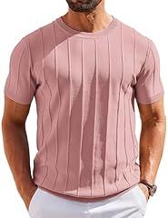 COOFANDY Mens Knit Shirt Casual Short Sleeve Crew Neck T Shirts Ribbed Summer Shirts Slim Fit Pink