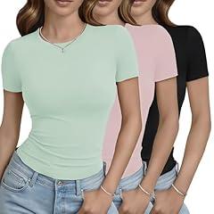 GAYHAY 3 Pack Basic Tees for Women - Crew Neck Slim Fit Tight T Shirts Cute Y2K Trendy Crop Tops Clothes for Casual Summer 2025 Black Pink Sage Green