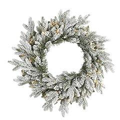 Nearly Natural 24" Flocked Christmas Wreath with LED Lights