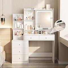 Vabches White Vanity Desk with Mirror and Lights
