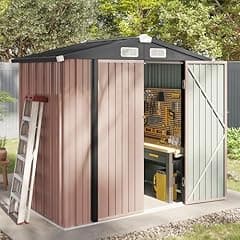 Aoxun 6.2x4 FT Shed Outdoor Storage Shed Metal Garden Shed with Lockable Doors & Slooping Roof Tool Shed Bike Shed for Backyard, Patio, Poolside (Brown)