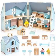 Foldable Wooden Dollhouse with Dolls & Furniture