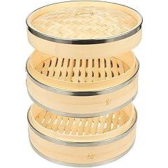 Juvale Bamboo Steamer Basket with Steel Rings