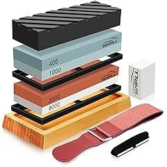 HMPLL Knife Sharpening Stone Set, Professional Whetstone 4 Side Grit 400/1000 3000/8000, Whetstone Knife Sharpener Stone Set Include Non-slip Base, Leather Strop, Flattening Stone & Angle Guide