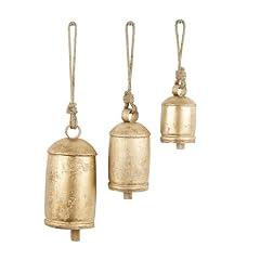 Deco 79 Gold Metal Tibetan Inspired Decorative Giant XL Cow Bells with Jute Hanging Rope, Set of 3 10",8",6"H - Cylindrical