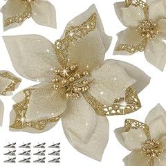 Childom 12 PCS Poinsettia Flower Artificial Poinsettia Christmas Decoration 5.9'' Gold Glitter Poinsettias Christmas Ornaments Xmas Tree Flower Decor with Clips DIY Xmas Wreath Holiday Home Party